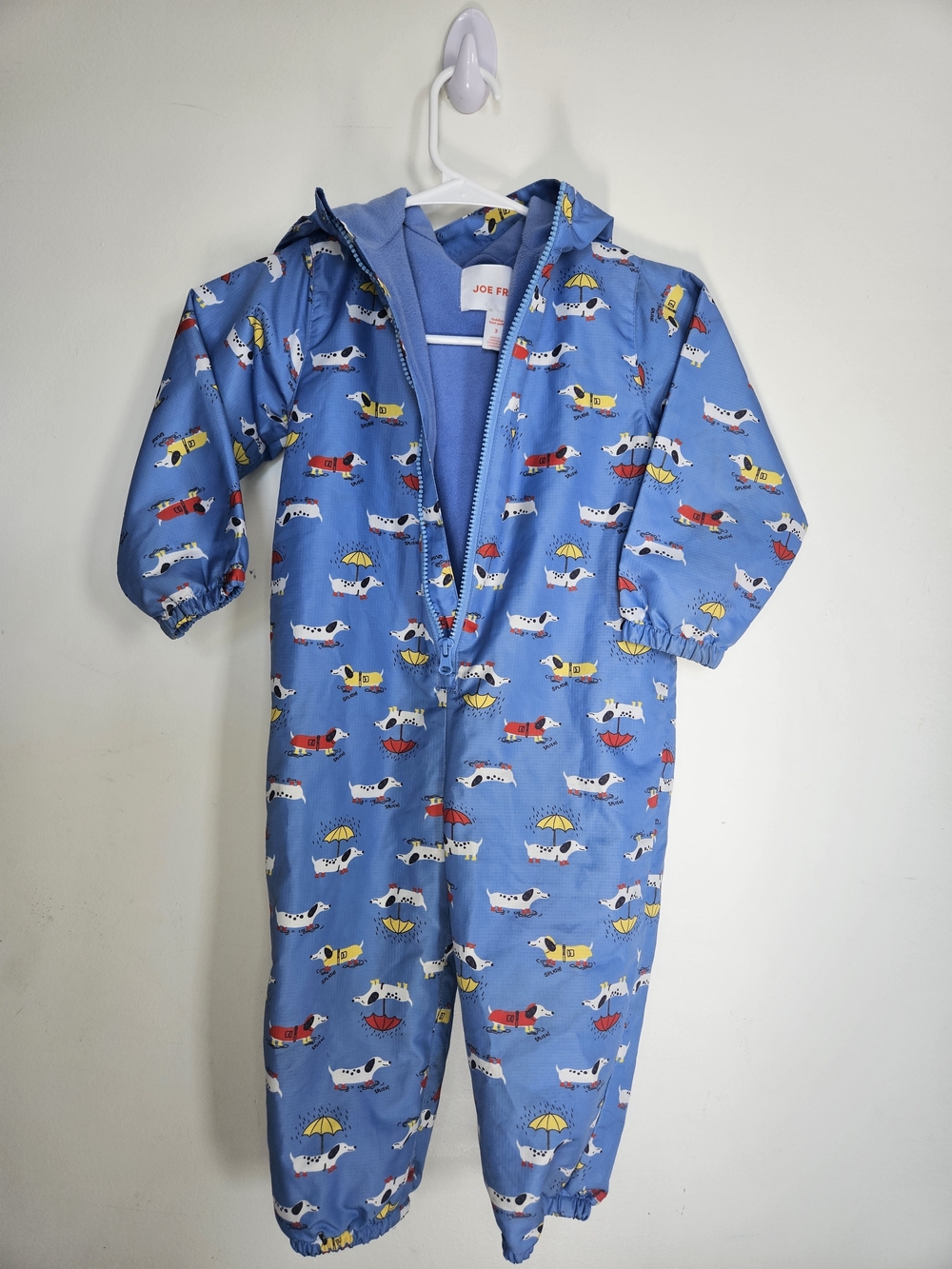 Joe Fresh Blue Dachshund Dog Print Fleece Lined One Piece Rain Suit Toddler 3 🩷